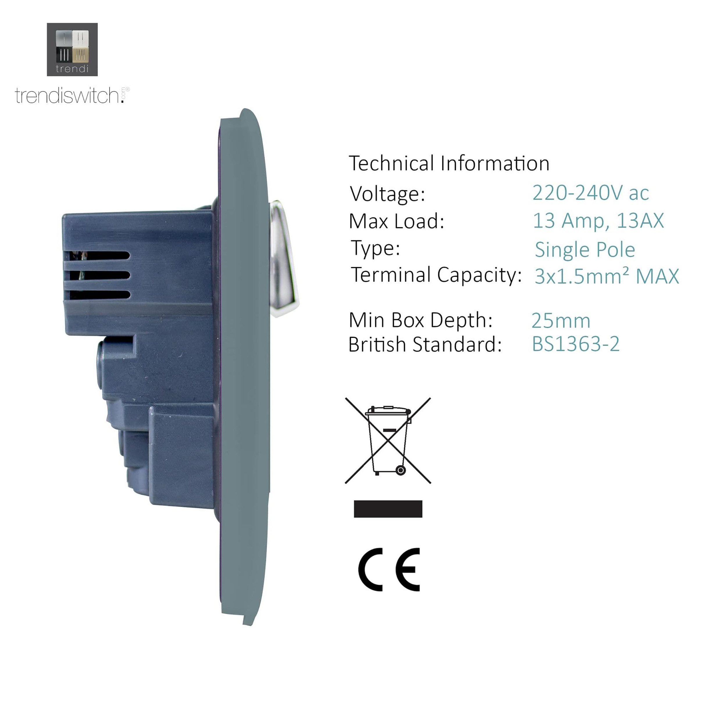1 Gang Switched Single Socket 13A With 2 x USB-A 10W (Shared) With Neon Insert Cool Grey ART-SKT13USBCG  Trendi Cool Grey